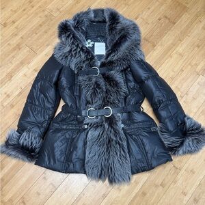 Violanti Piumino real fur-trimmed jacket with hood. Italian size 42